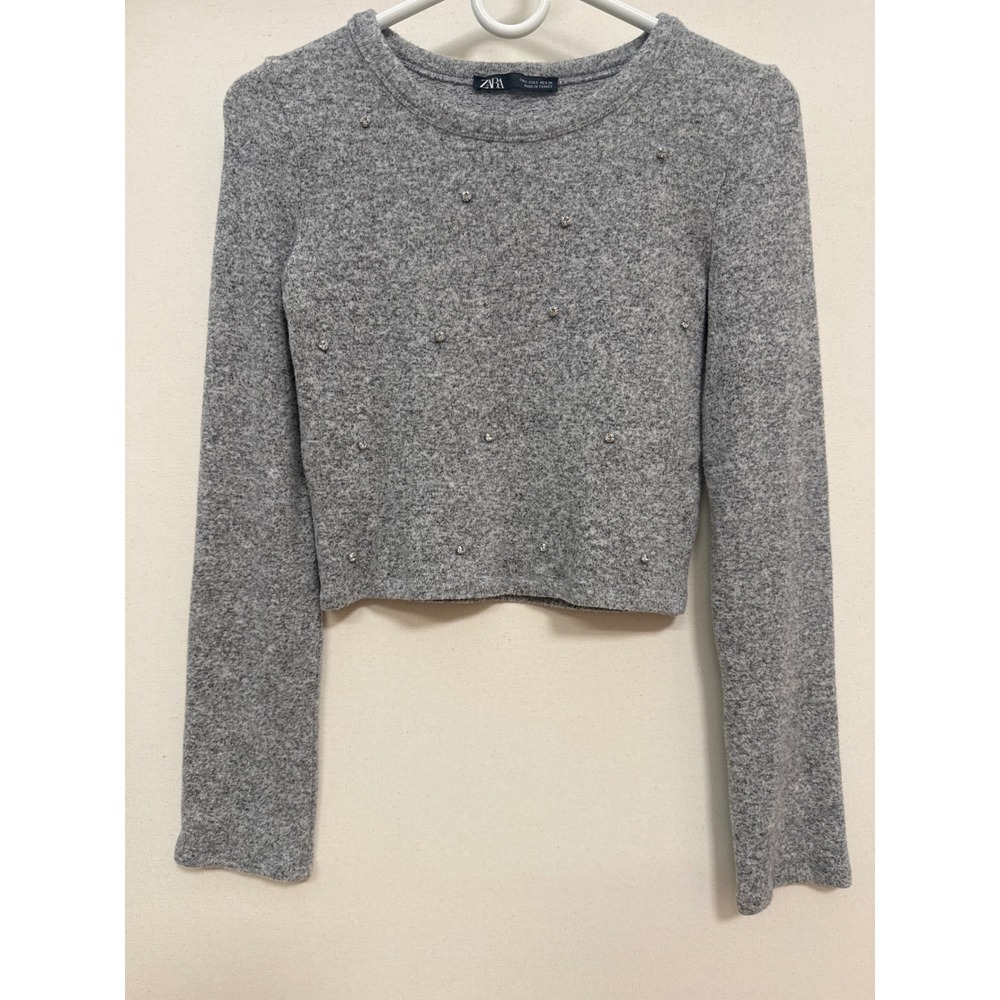 Zara Gray Marl Rhinestone Embellished Cropped Sweater Long Sleeve Small